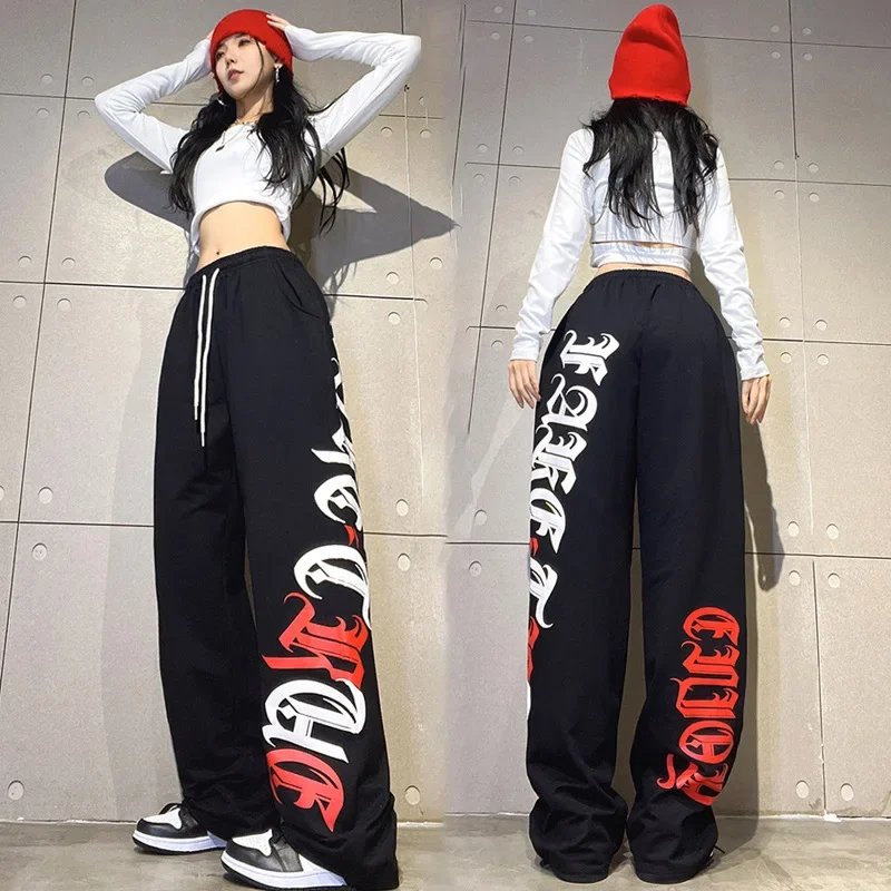 Summer Hot Selling Gothic Letter Print Wide Straight Leg Pants Unisex Elastic Drawstring Hip Hop Oversized Long Sweat Trousers