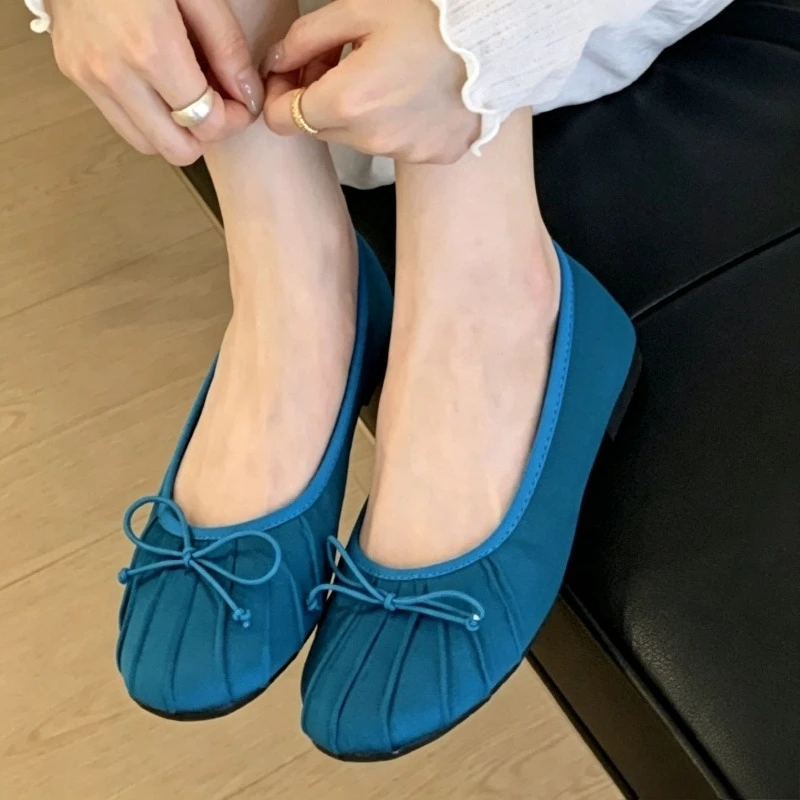Fashion Bow Pleated Ballet Flats Women Comfortable Soft Silkflat Loafers for Ladies Elegant Round Toe Casual Shoes Office Shoes