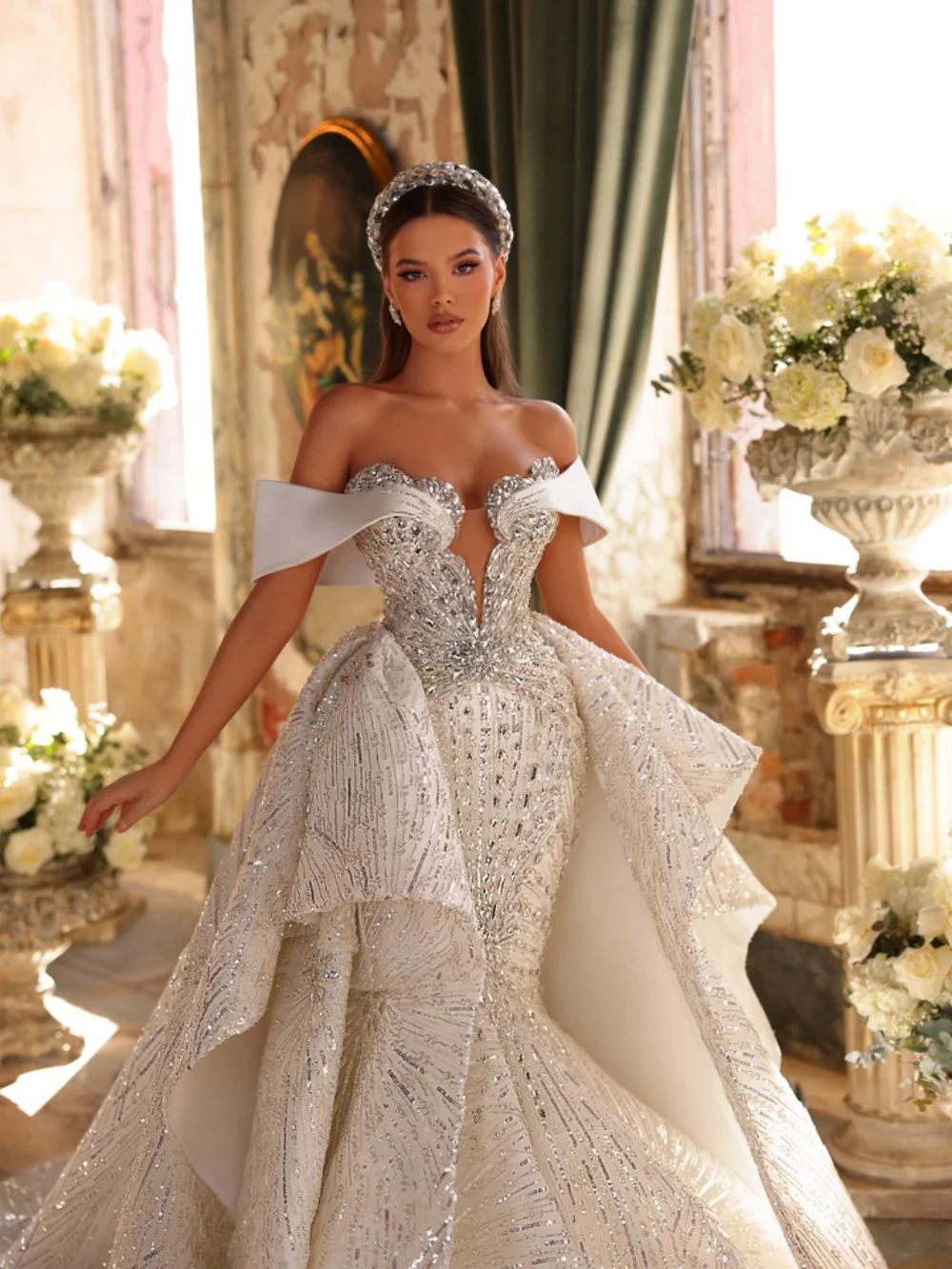 New Arrival Silver Crystal Wedding Dress Dreamy Floor-length Mermaid Bridal Gown Customized Off Shoulder Dresses For Bride