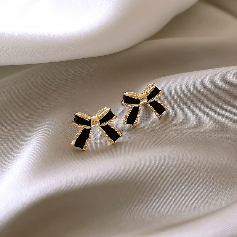 Black Bow Earrings 925 Sterling Silver Ear Needles Simple Small Versatile Earrings Women's 2024 New Trendy Earrings