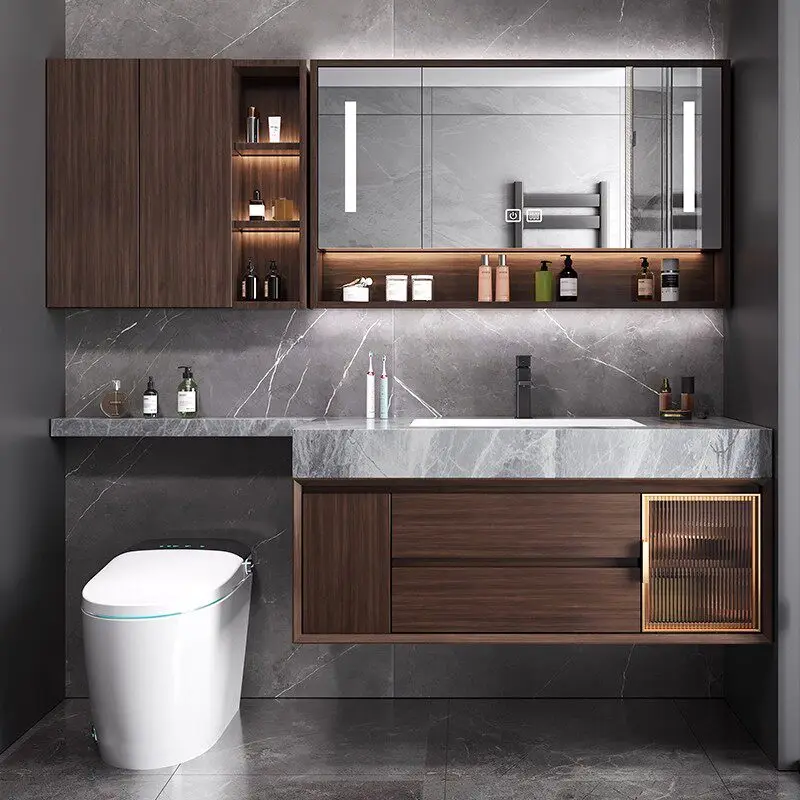 

Bathroom cabinet combination, solid wood toilet extension, rock slab seamless ceramic integrated washbasin, washbasin