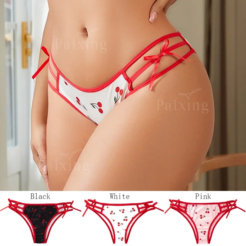 

Women's Fashion Color Blocking Ribbon Bow Decorative Low-waist Large Size Ladies Sexy Printing Cotton Wave Bottom Panties