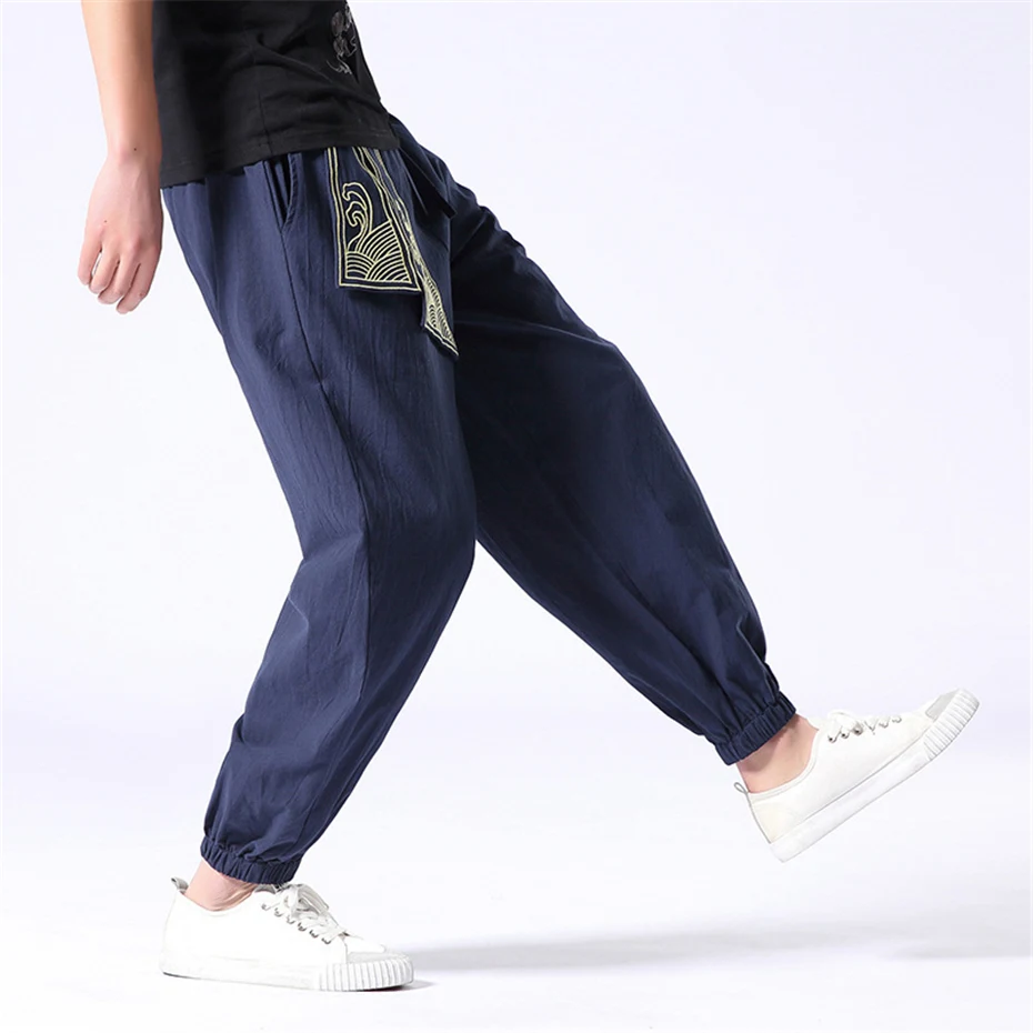 Harem Pants Men Jogger Sweatpants Fashion Casual Chinese Style Pants Belt Design Trousers Elastic Waist