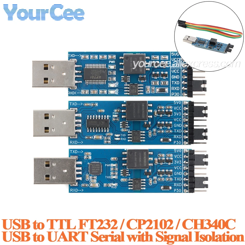 CH340C CP2102 FT232 USB to TTL UART Serial Port Board Conversion Module with Signal Isolation 5V/3.3V TTL Level with Cable