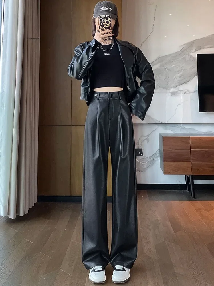 

Woman Trousers Spring Autumn High Waist Fluid PU Leather Pants for Women Wide Leg Korean Fashion Cotton Y2k Streetwear Aesthetic