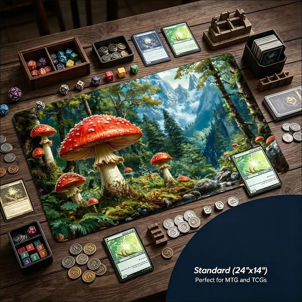Magical Enchanted Mushroom Forest Large Game Playmat Non Slip Rubber Table Mat Stitched Edge For Card Game Laptop Gaming