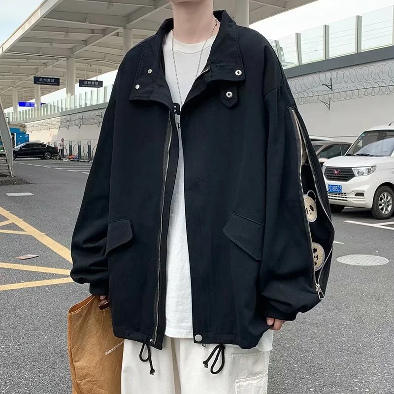 

Jacket Men's Hiphop Bear Spring Autumn Turndown Collar Long Sleeves Buttons Zippers Oversize Loose Casual Jackets Coats Tops