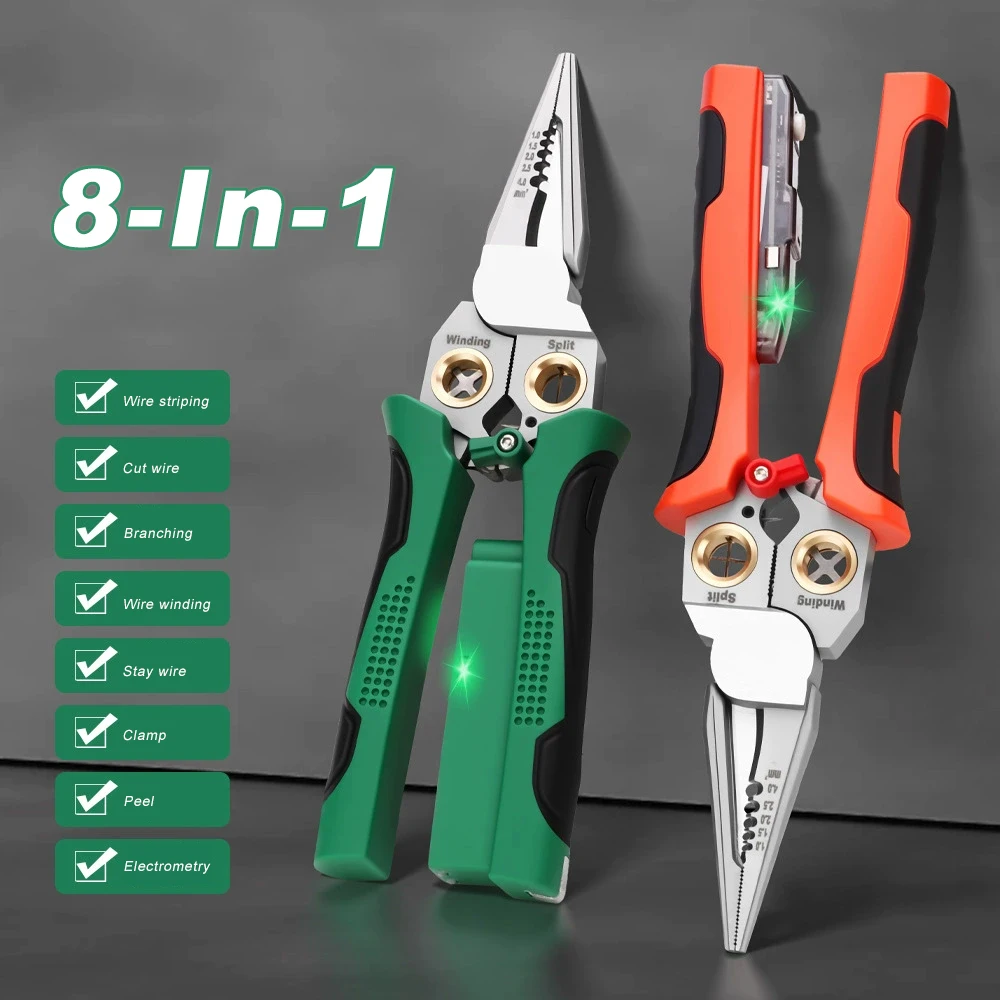 

Многофункциональные инструменты для электриков 8-в-1 из нержавеющей стали: стрипперы, плоскогубцы с игольчатым наконечником, инструменты для зачистки проводов с функцией проверки напряжения.