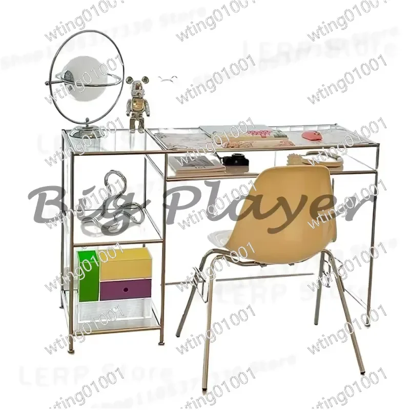 for Medieval Style Stainless Steel Desk with Tempered Glass Top Luxury Writing Table for Home Office Simple Makeup Station
