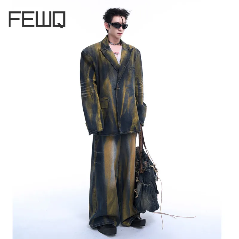 

FEWQ Men Jeans 2024 Wide Leg Pleated Vintage Contrast Color Casual Pants Autumn Hihg Street Male Trousers Fashion 24E1757