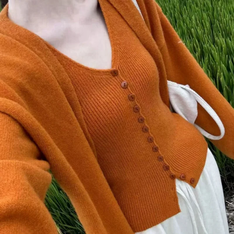 

2PCS/SET Gentle Soft Waxy Outerwear Jacket Ribbed Vintage Sweater Korean Knitted Cardigan Vest Suspender Tees Ropa De Mujer