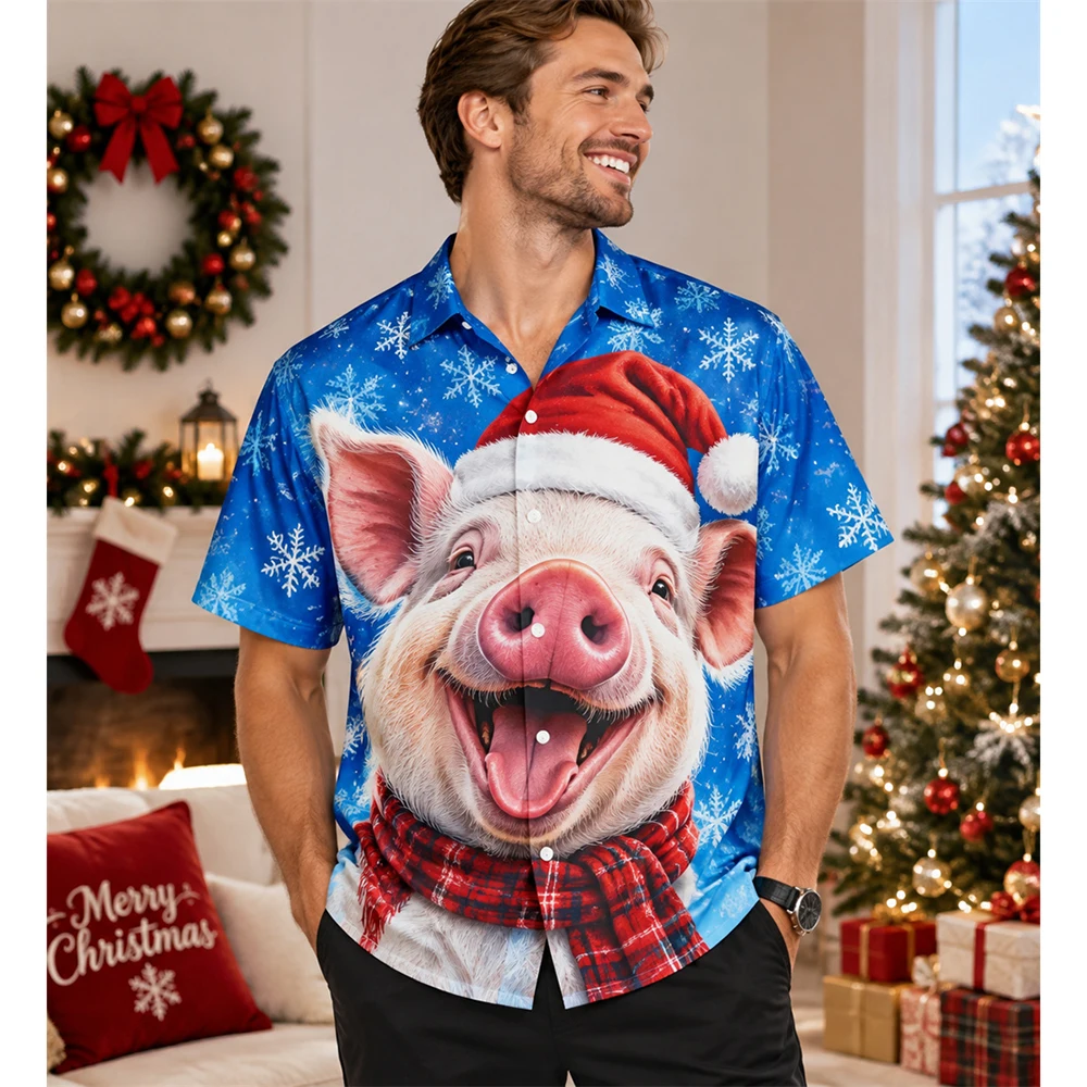 2026 Men's Short Sleeve Shirt Christmas Pig With Santa Hat Scarf Snowflake Print Holiday Casual Top Mens Clothing Gift For Men