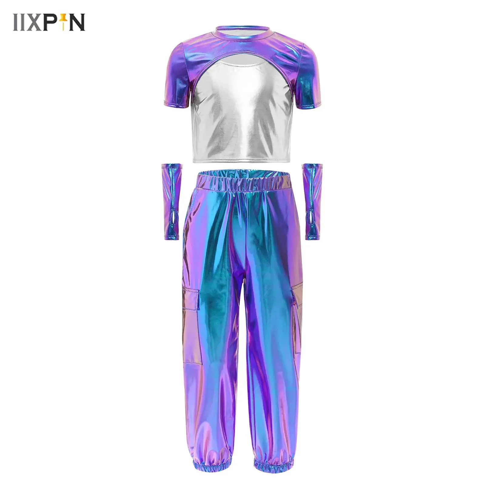 

Kids Girls Hip-Hop Jazz Dance Outfit 80s Disco Dancewear Short Sleeve Cutout Color Block Metallic Top+Gloves+Cargo Shorts/Pants
