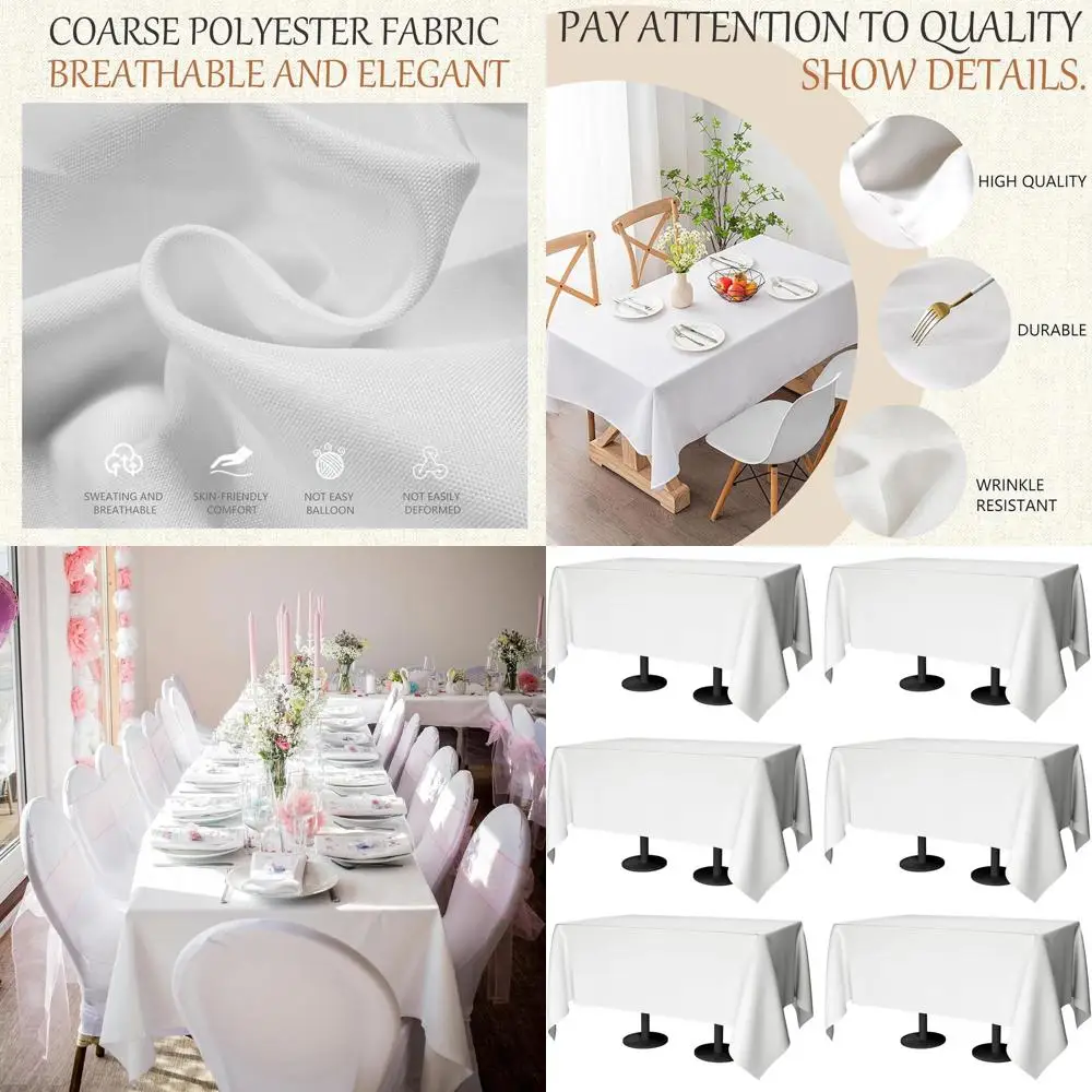 

6-Pack White Rectangular Washable Polyester Tablecloths, Stain & Wrinkle Resistant, Ideal for Dining and Parties
