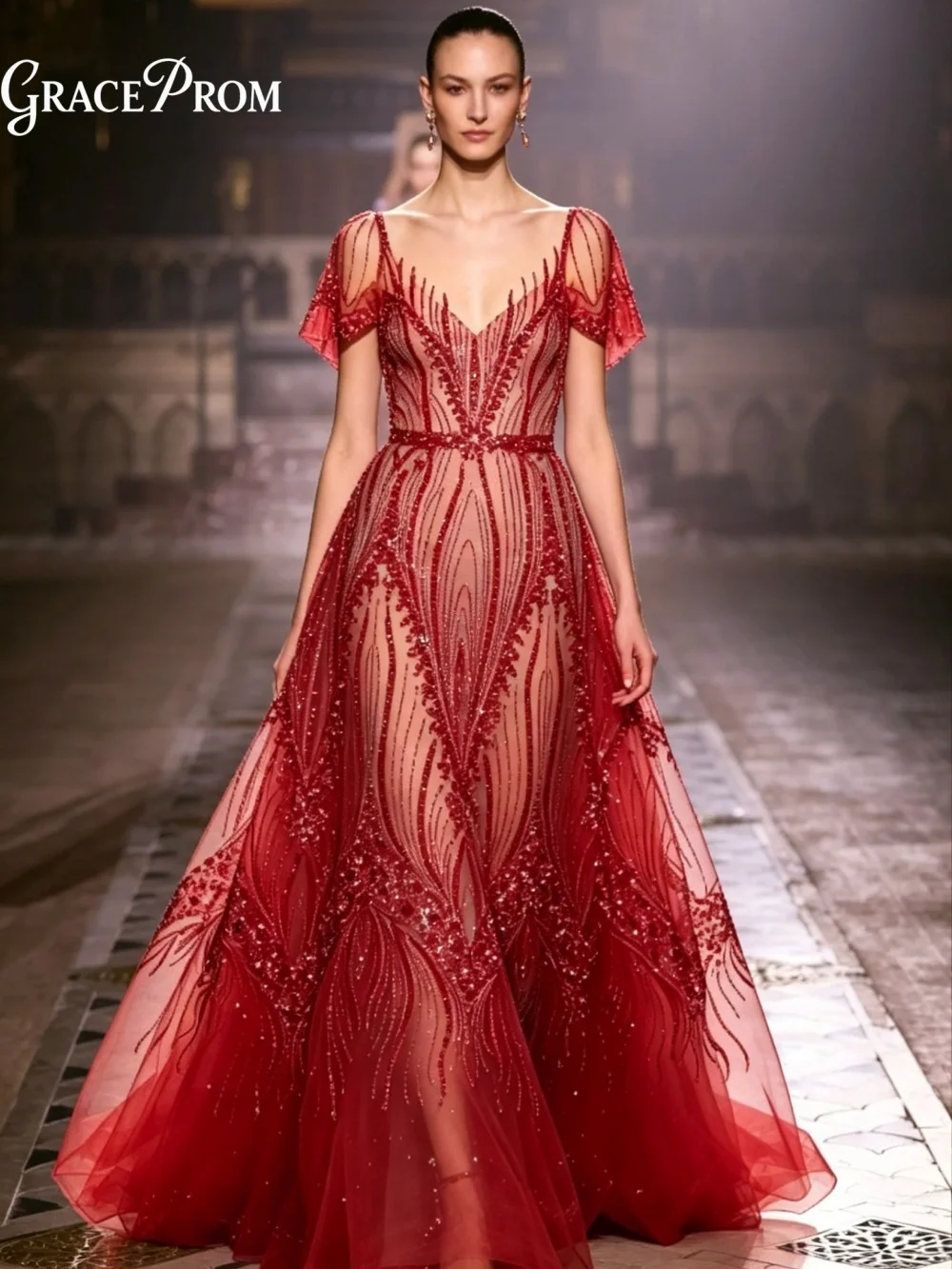 Opulent Red Beaded Sheer Party Dress 2026 Scarlet V Neck Short Flutter Sleeve Tulle Evening Gown For Wedding Guests فساتين سهرة