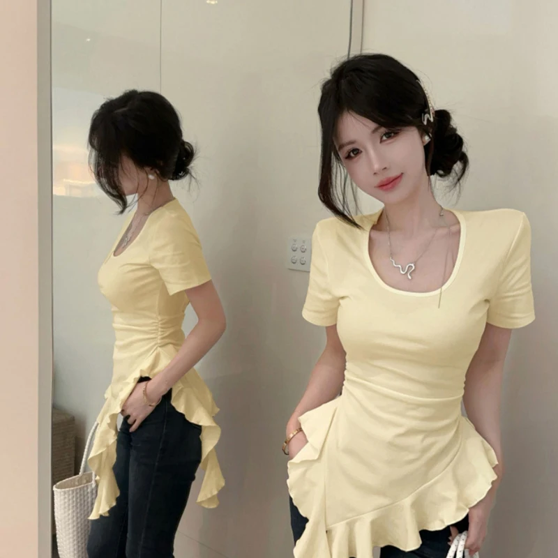 Korean Irregular Lotus Leaf Hem Pleated Short-sleeved T-shirt for Women Summer Slim Fashion Women T-shirt Basic Women Clothes