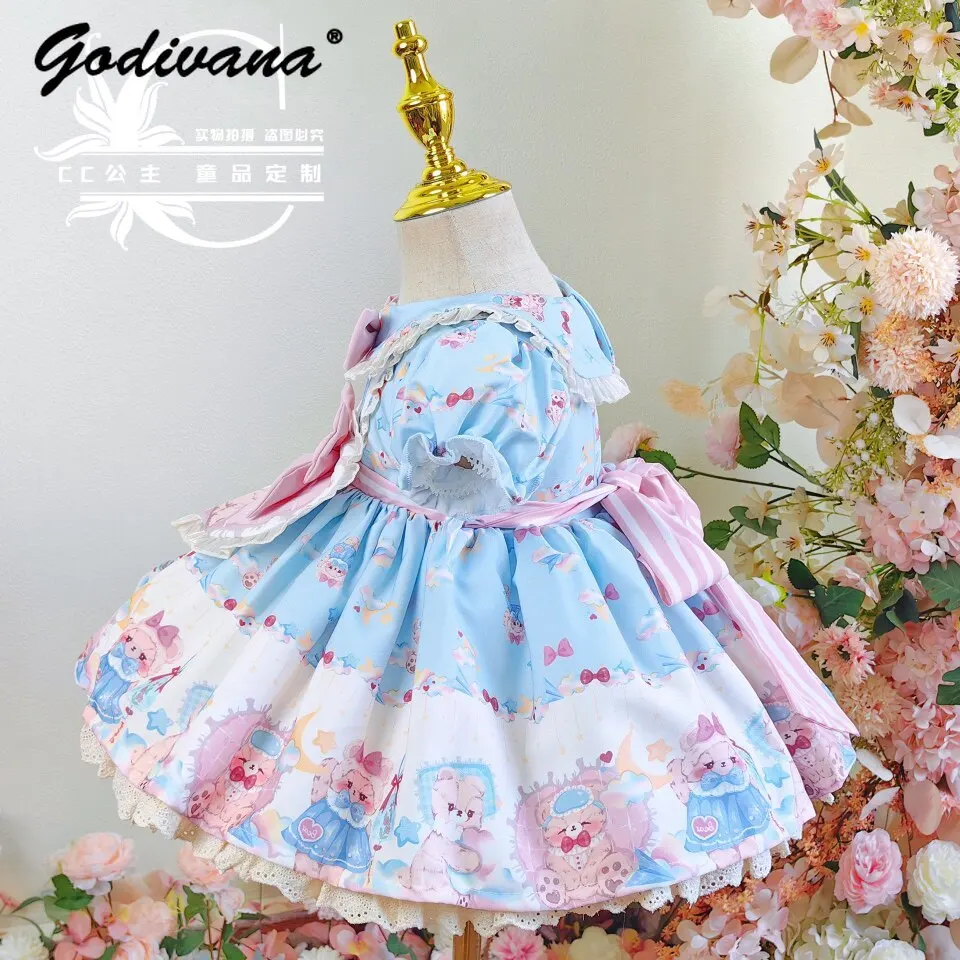Original Cute Baby Girls Little Bear Print Lolita Princess Dress 2026 New Summer Kids Doll Collar Puff Sleeve Lace Bow Ball Gown