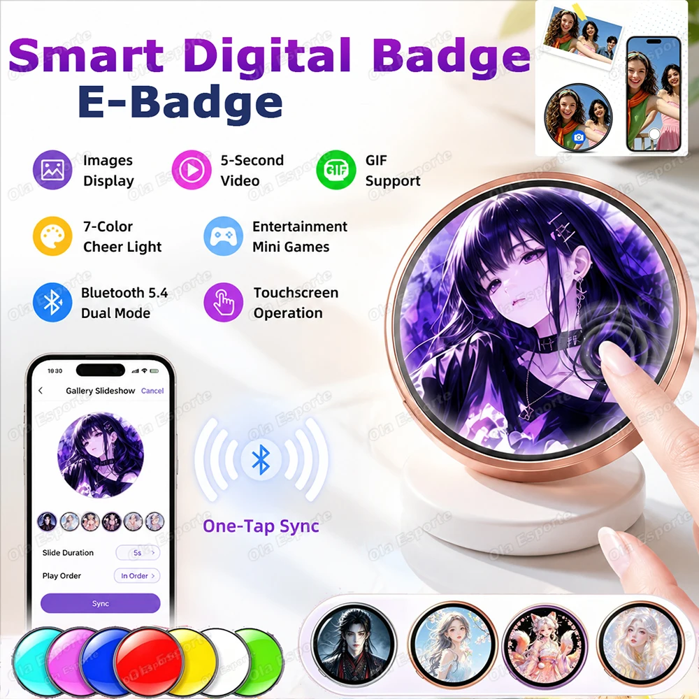 Magnetic Clasp Cosplay - Wearable Smart E‑Badge 1.85''HD Round Screen