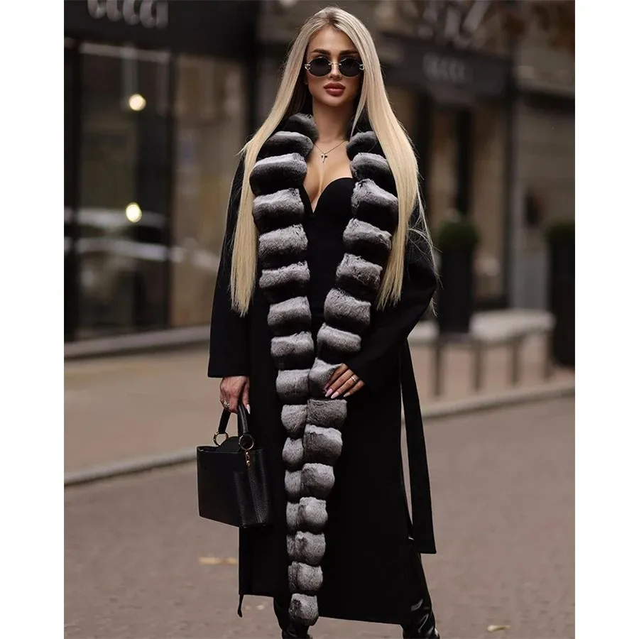 

New Cashmere Coat Women Wool Blends Long Jacket Natural Rex Rabbit Fur Collar Luxury Warm Winter Woolen Coat