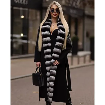 New Cashmere Coat Women Wool Blends Long Jacket Natural Rex Rabbit Fur Collar Luxury Warm Winter Woolen Coat
