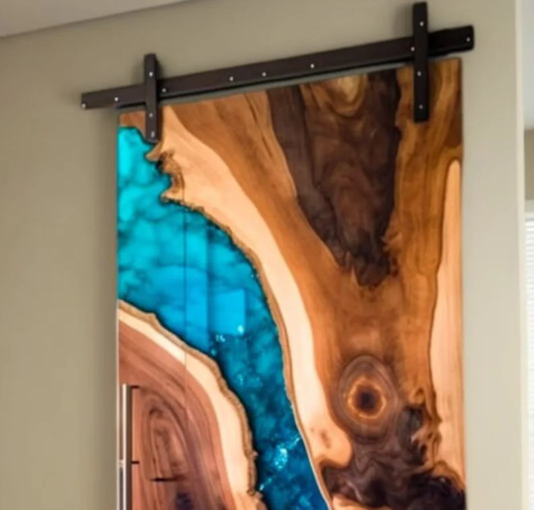 Handmade Solid Wood Accent Door with Live Edge for Modern Interiors Blue Epoxy Resin Sliding Barn Door