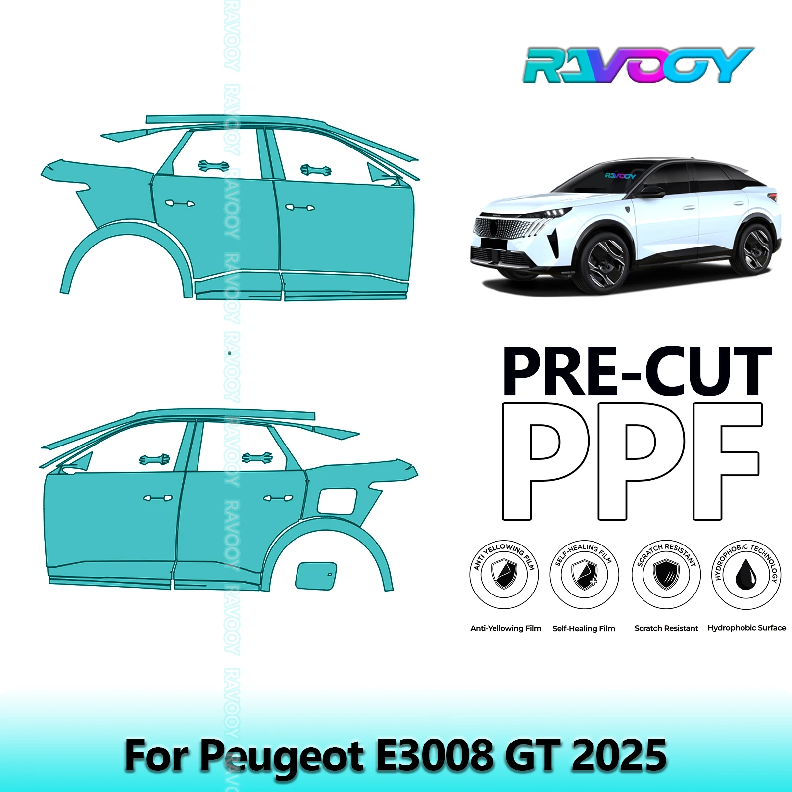 

For Peugeot E3008 GT 2025 8.5mil Clear Matte Pre-Cut PPF Door & A/B Pillar Kit TPU Paint Protection Film Set