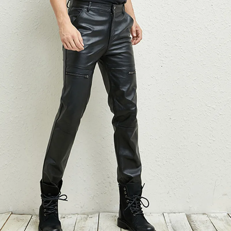 Men's Leather Pants, Slim Straight Trousers, Genuine Cowhide, Personality, Spring, Autumn