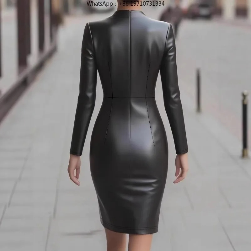 Women Long Sleeve PU Leather Hip Dress Deep V Back Zip Slim Fit European American Dress Spring Autumn
