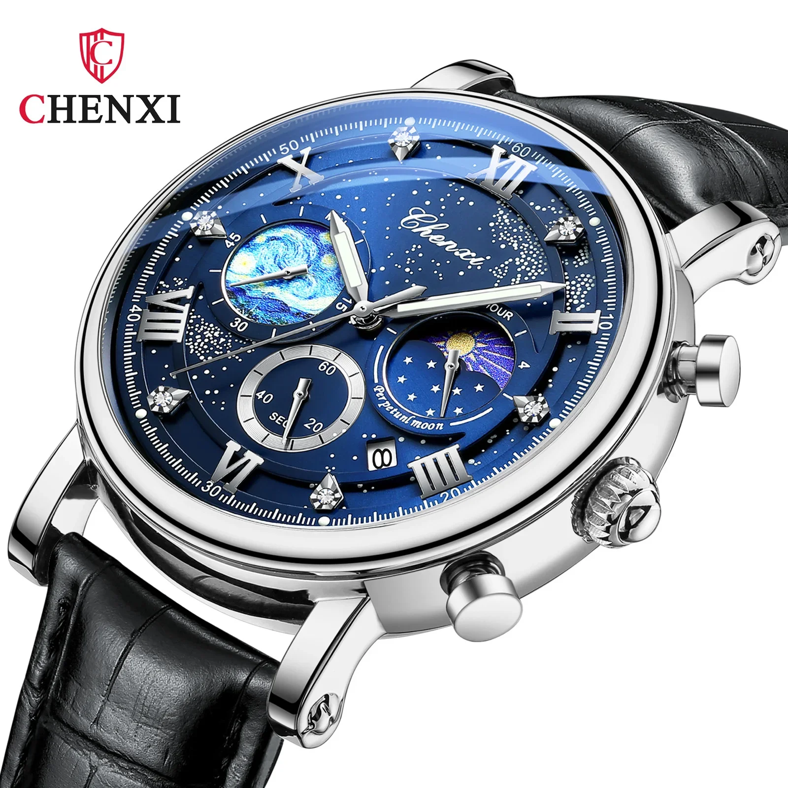 Chenxi 972 Sun Stars Multi-function Fashion Men's Moon Phase Timing Calendar Quartz Watch Man relogio masculino watches for men