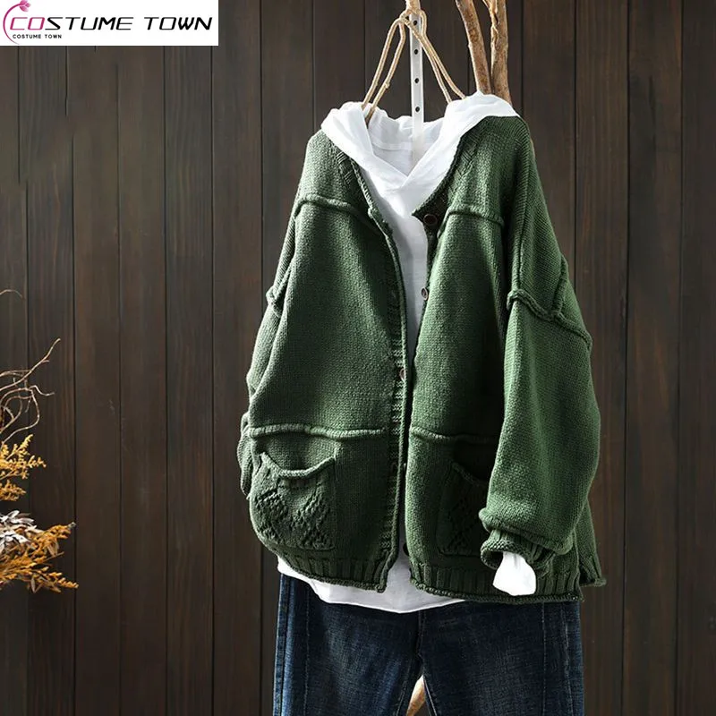 Vintage Patchwork Sweater Knit Cardigan Spring and Autumn Clothing Literary and Casual Temperament Long Sleeved Coat