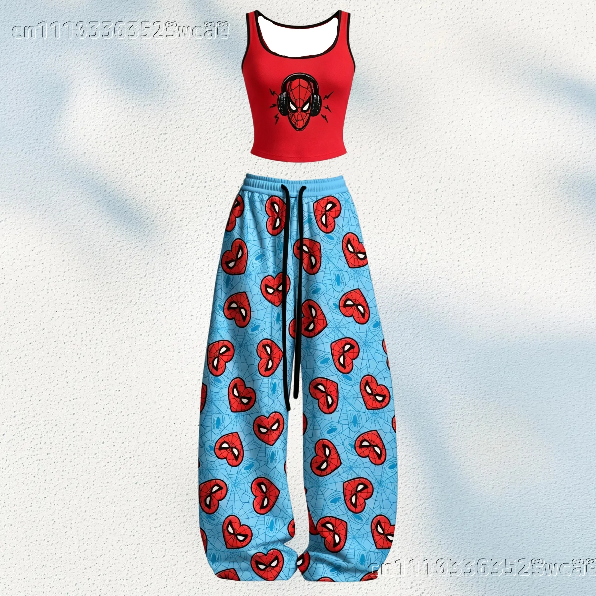 New Spider Web Print Y2K 2‑Piece Outfit,5 Styles Cropped Tank Top Drawstring Wide Leg Pants Streetwear Set Family Kids