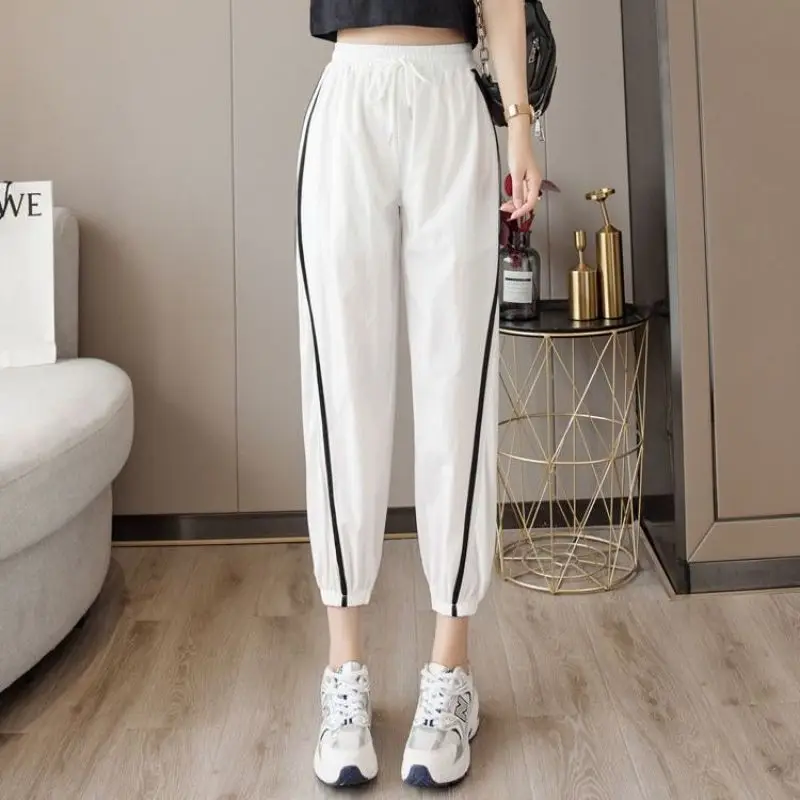 2024 New Summer Personalized Casual Loose Oversized High Waist Lace Up Color Block Fashion Quick Drying Mesh Sports Pants