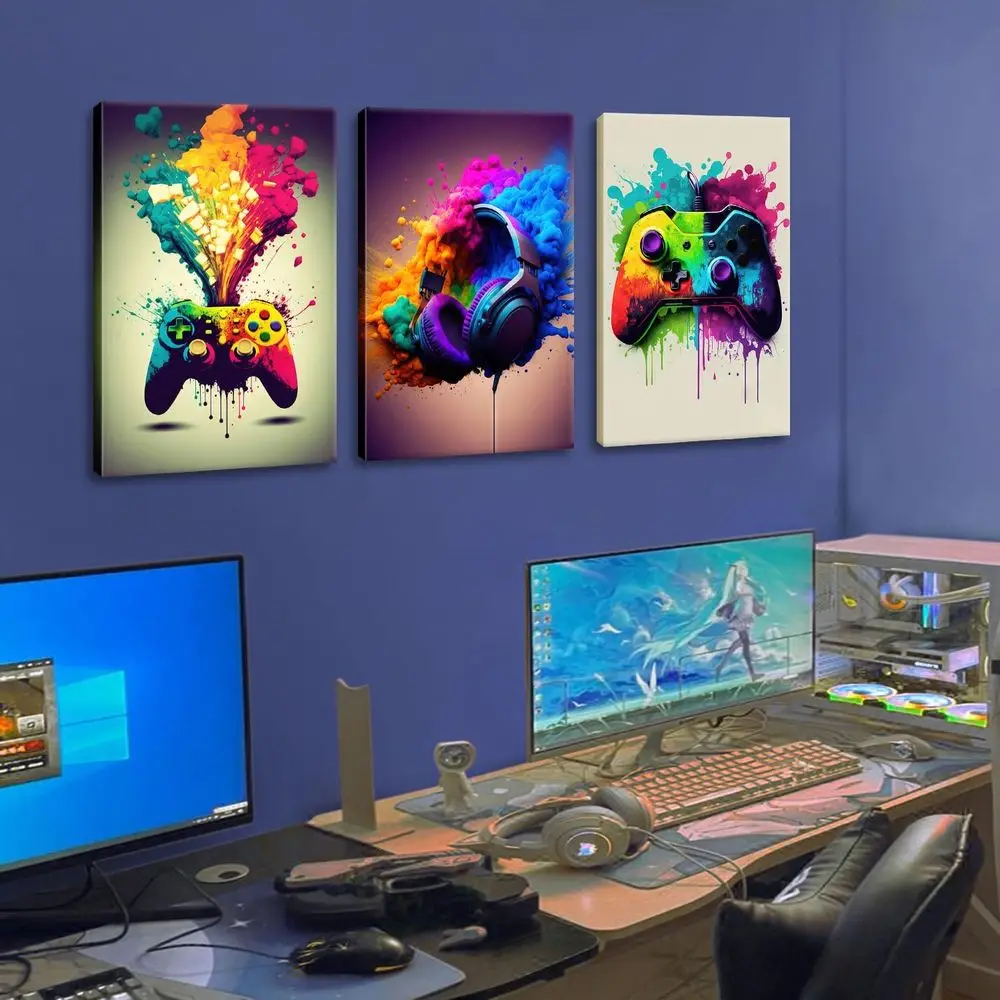 3-Piece Game Room Wall Art: Colorful Video Game Controller & Headphones Neon Prints, 16x24