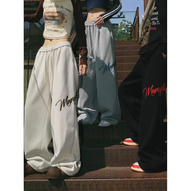 QWEEK Vintage Oversize Grey Sweatpants Woman America Hip Hop Casual Sports Pants Autumn Jogging Baggy Black Embroidery Trousers