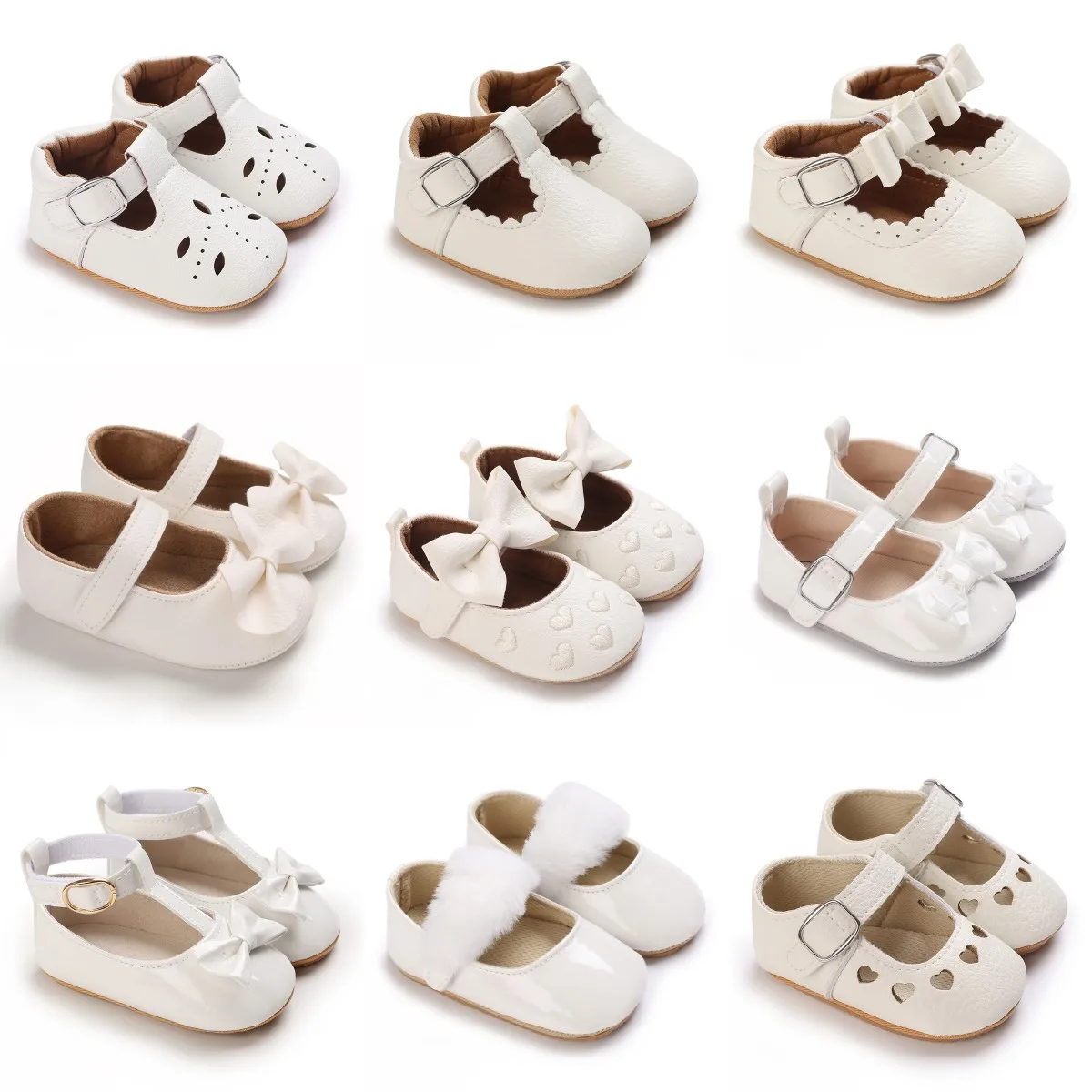 Baby Shoes Girls' Newborn White Series Forefoot Shoes PU Leather Flat Bottom Soft Sole Baby Shoes Bow Baby Princess Shoes