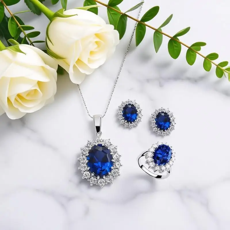 

Великолепное ожерелье из стерлингового серебра 925 пробы с овальным кристаллом и цирконом, серьги, комплект колец для женщин и девочек, ювелирные изделия для помолвки, подарок