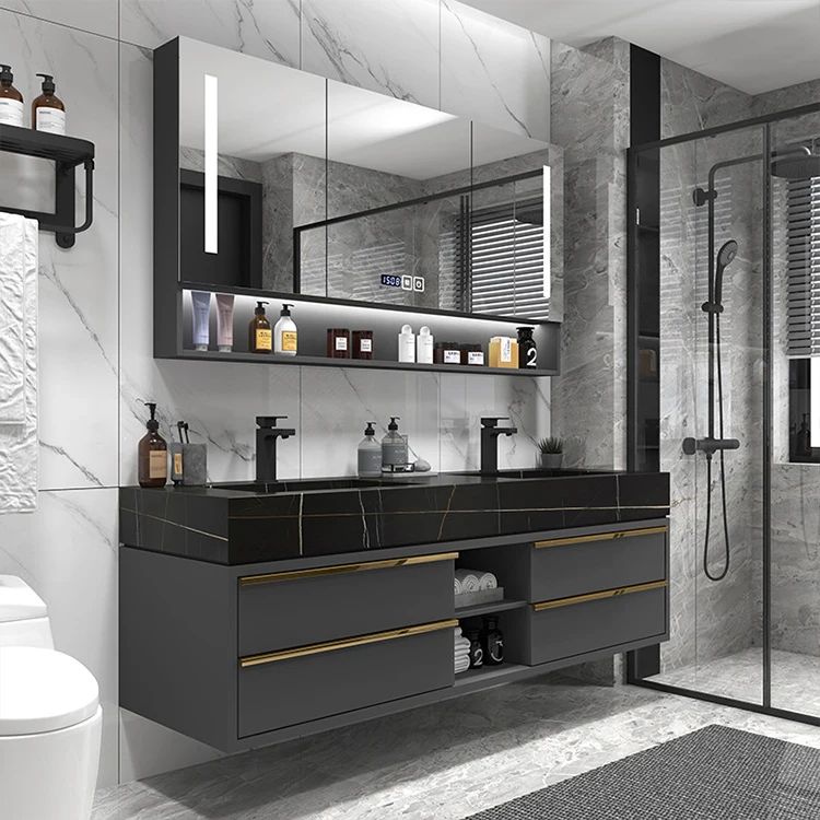 60 Inch Luxury Double Ceramic Basin Modern Waterproof Lighted Bathroom Vanity Cabinet With Soft Close Hardware Mirror Included