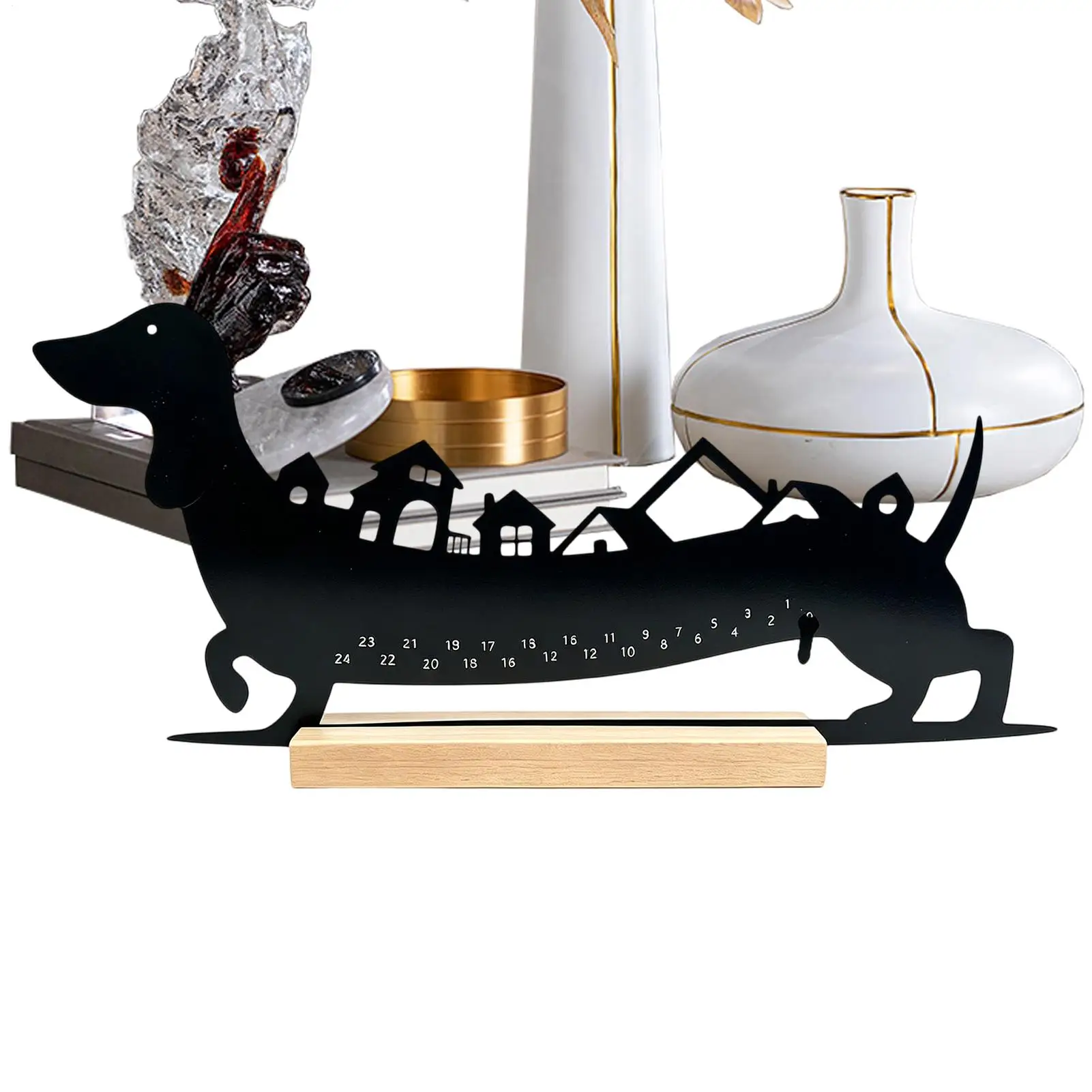 Sausage Dog Christmas Countdown Calendar 24 Days Metal Dachshund Holiday Decoration Metal Belt Wooden Base Sausage Dog Ornament