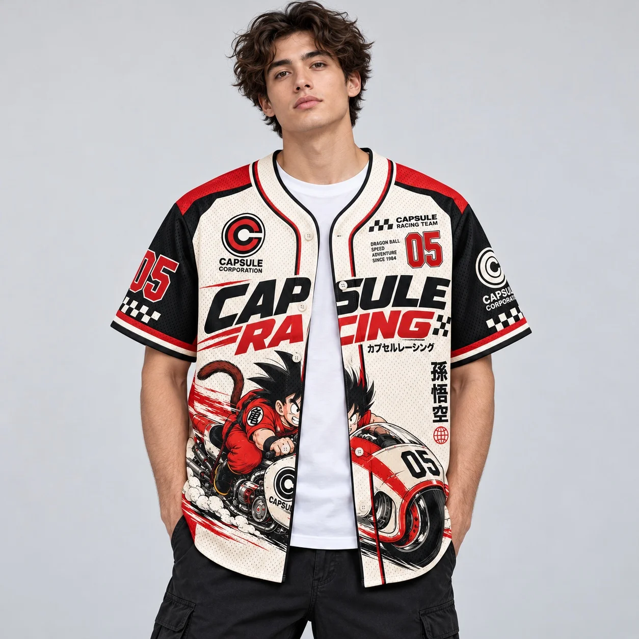 Dragon Ball Goku Mens Baseball Jersey Capsule Racing Anime Graphic Button Up Short Sleeve Shirt Retro Streetwear