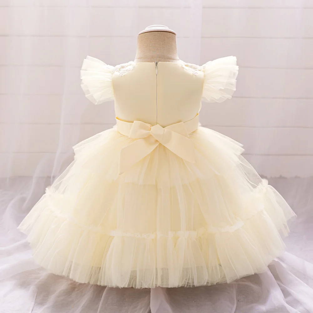 Champagne 1 Year Birthday Dress For Baby Girl Clothes Baptism Voile Princess Dress Short Sleeve Girls Dresses Floral Party Gown