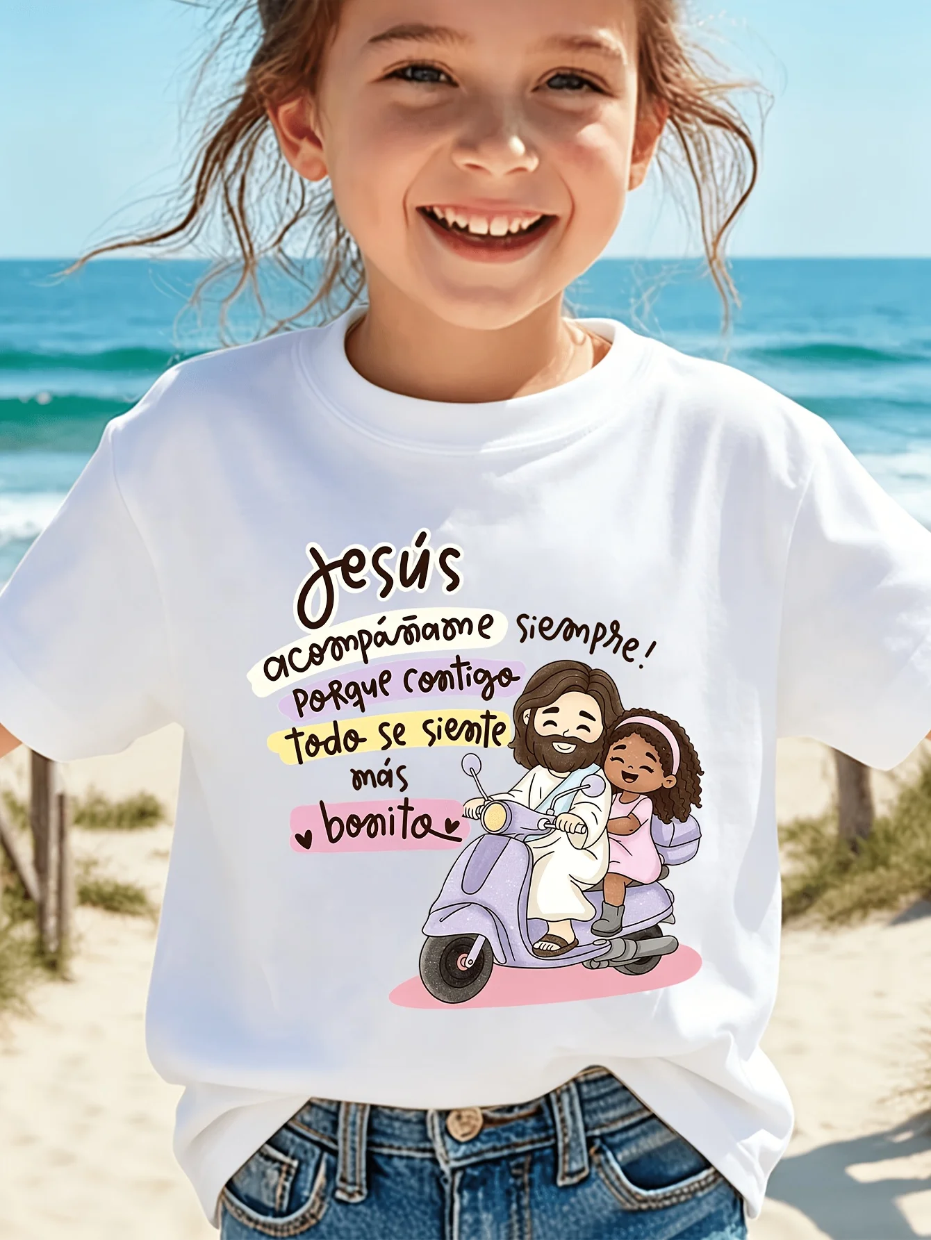 Kids Jesus Scooter Spanish Religious Quote Graphic Tee Boys Girls Family Matching Short Sleeve Faith Lovely Everyday T Shirt