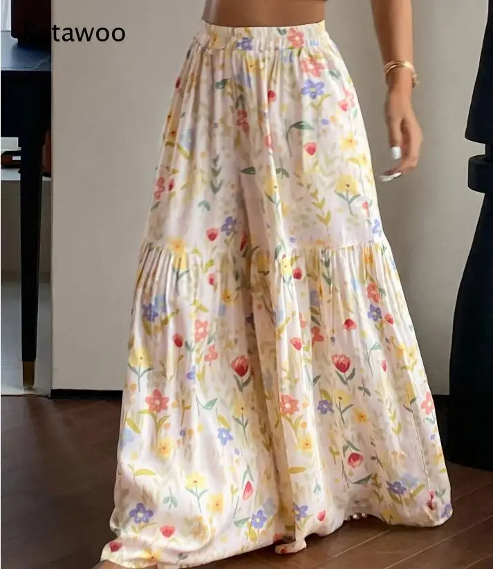 Women Floral Print Wide Leg Elastic High Waist Ruffle Trousers with Side Pockets Pants for Vacation Casual Daily Wear