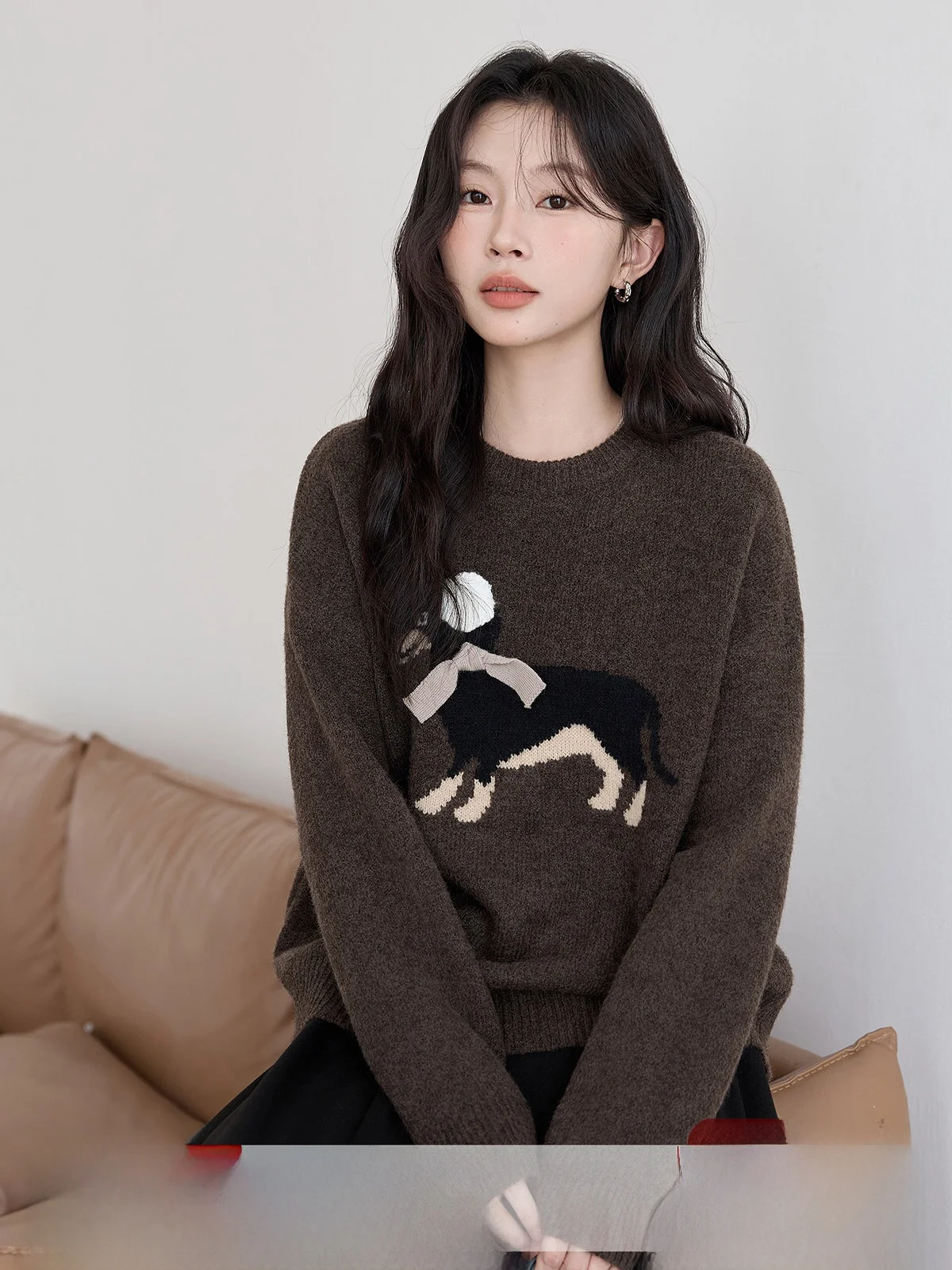 

HuiXi Dog Flower Pattern Knitted Sweater Women's Winter New Sle Agel Chic Versatile Overhead irt Commute Sle Loose Fit