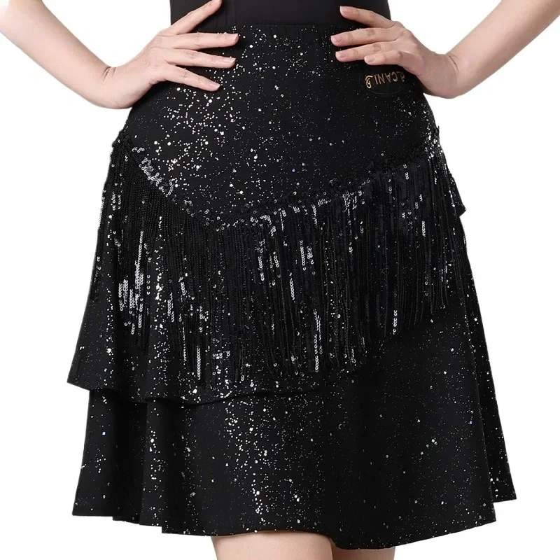 Jupe demi-corps de danse latine pour femmes, robe d'entraînement, nouvelle collection été, paillettes, pompon, moderne, noir, vêtements de danse carrés de sororité