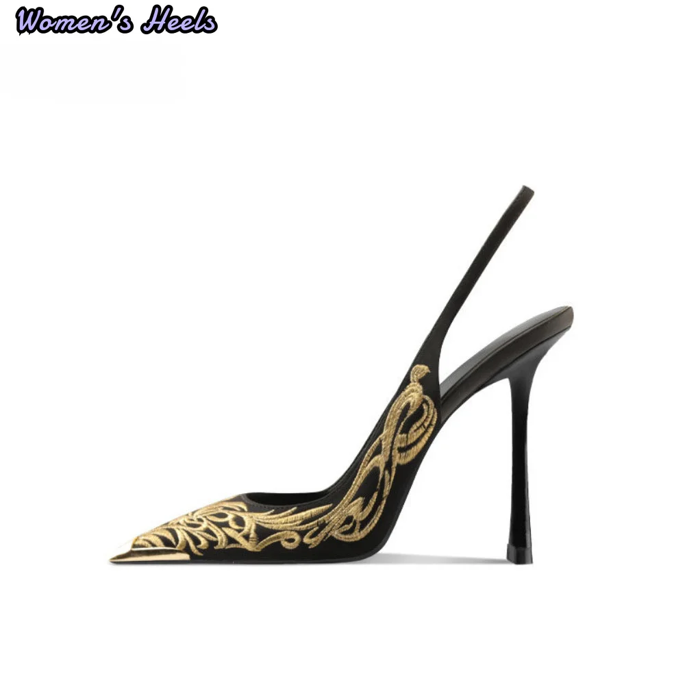 Sexy Gold Embroidered Pointed Toe Stiletto Heels Women Summer Elegant Sandals - view 2