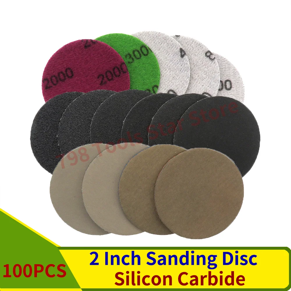 

100PCS 2 Inch Hook and Loop Sanding Discs Wet/Dry Silicon Carbide Sandpaper 60-10000 Grit Sanding Disc for Metal Glass Polishing