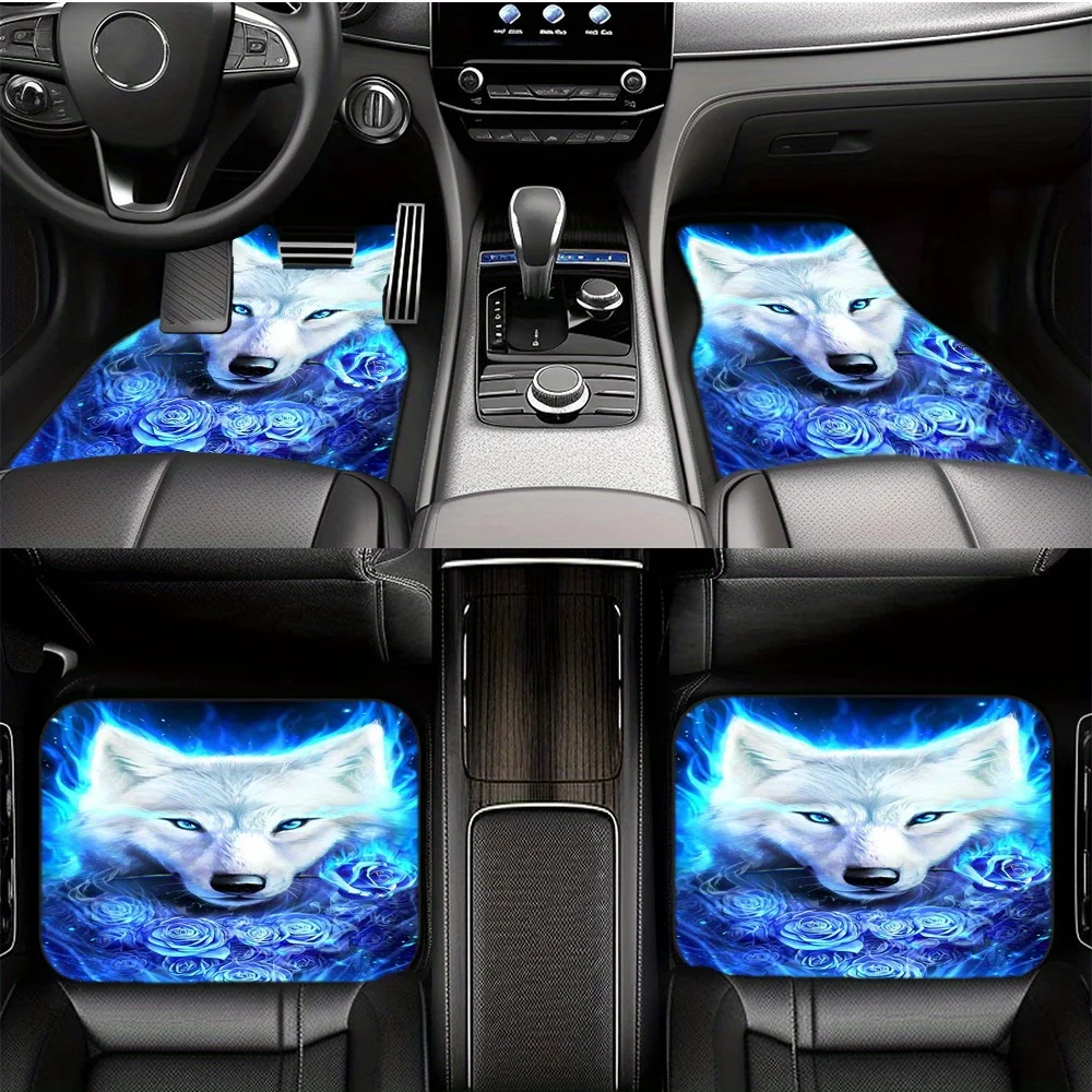 1pc/2pcs/4pcs Fun Magic Animal Wolf Art Blue Car Carpet Car Front And Rear Seat Foot Mat Car Interior Digital Printed Mat Suitab