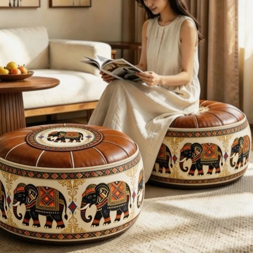 PU Leather Round Sofa Stool Cover Vintage Space-Saving Storage Leg Bench Foldable Waterproof Seat Cushion Cover Living Room