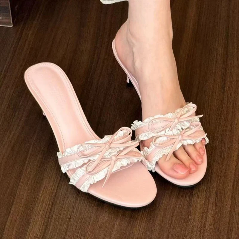 

Bow Lace Women's Sandals Elegant High Heels Shoes Woman Slippers 2025 Summer New Dress Shoes Open Toe Sexy Pumps Mujer Slides