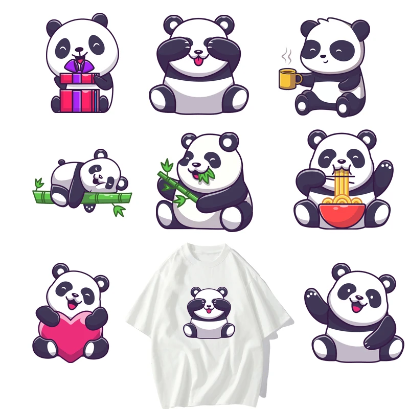 8 types Cute cartoon panda Iron on heat transfer DTF to press Patch Heat Transfer On Clothes Printing wholesale